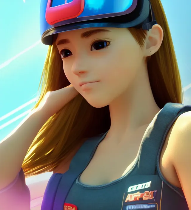 Image similar to photo rendering of a beautiful girl with visor epic photorealistic portrait in toriyama squareenix pixar tron pixel voxel style depth of field lens in flare leica zeiss detailed trending award winning on flickr artstation