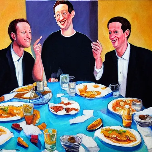 Prompt: a painting of mark zuckerberg eating dinner with the illuminati, realistic, oil painting.