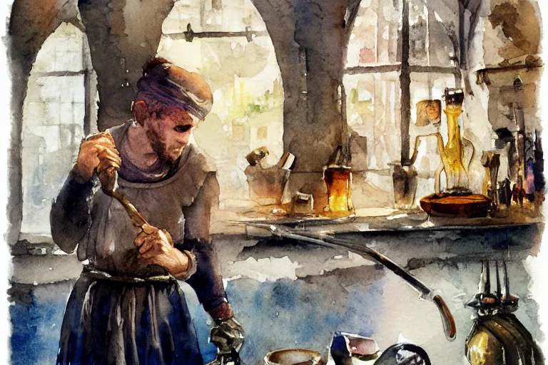 Prompt: small centered on watercolor paper, paint brush strokes, abstract watercolor painting of medieval glass blower with apron, kiln, glow, cinematic light, glass bottle, glass vase, transparent glass, national romanticism by hans dahl, by jesper ejsing, by anders zorn, by greg rutkowski, by greg manchess, by tyler edlin