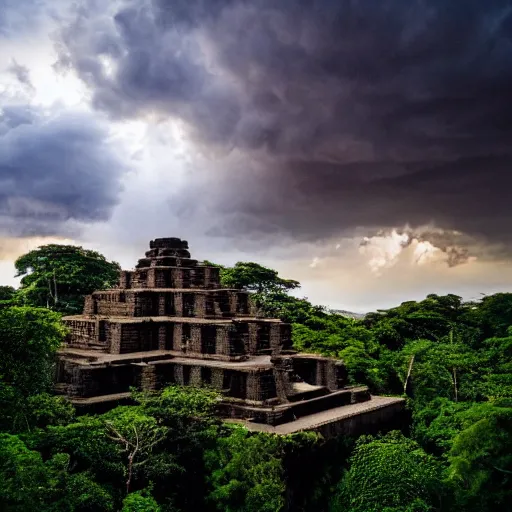 Prompt: vintage photo of an aztec temple over the canopy of a vast jungle at sunset with dramatic clouds, photo journalism, photography, cinematic, national geographic photoshoot