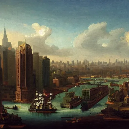 Image similar to New York City in 1750,viewed by a soldier, in the style of the Hudson River School