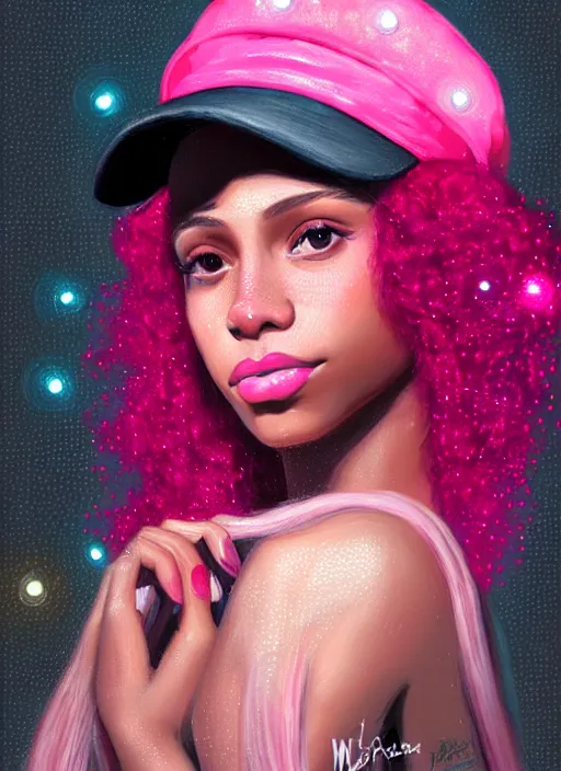 Image similar to portrait of teenage vanessa morgan with bright pink hair, black girl, vanessa morgan, curly pixie cut hair, wearing newsboy cap, newsboy cap, hoop earrings, intricate, elegant, glowing lights, highly detailed, digital painting, artstation, concept art, smooth, sharp focus, illustration, art by wlop, mars ravelo and greg rutkowski