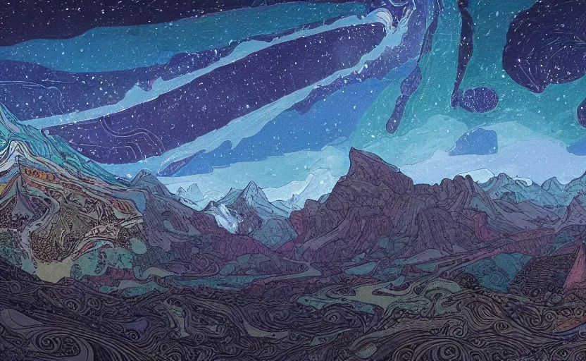 Image similar to mountains, stars and paisley filled sky, artstation, intricate, highly detailed, digital painting, concept art, sharp focus, illustration by Charles Williams and Ivan Bilibin