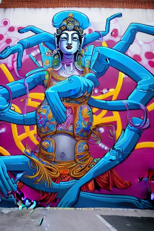 Prompt: epic graffiti mural of a 1000 arm Quan Yin , colorful and dynamic in the style of Hownosm and James Jean, ultimate collab, epic, unreal engine 5, coming to life popping out of the wall 3d,