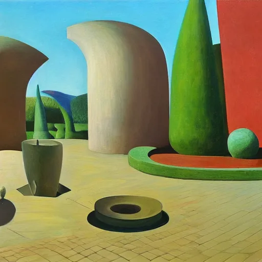 Image similar to biomorphic architecture, fantastical courtyard, grant wood, pj crook, edward hopper, oil on canvas