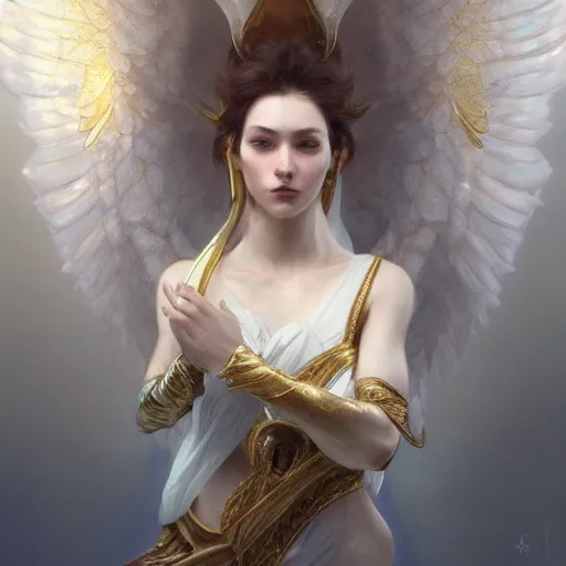 Image similar to angel warrior, beautiful, stunning, gold mist, radiating power, energy, god rays, luminescence, fractal, smooth white and soft by ruan jia, tom bagshaw, alphonse mucha, krenz cushart, vray render, artstation, deviantart, pinterest