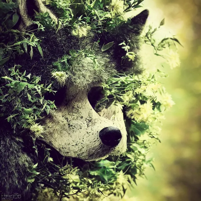 Image similar to overgrown foliage taking over a realistic furry wolf skull, close - up, 3 5 mm, f 1. 8, bokeh, beautiful, lens flare, emotional, sweet, flowers, detailed, picture, trending on artstation, award - winning, shiny, golden