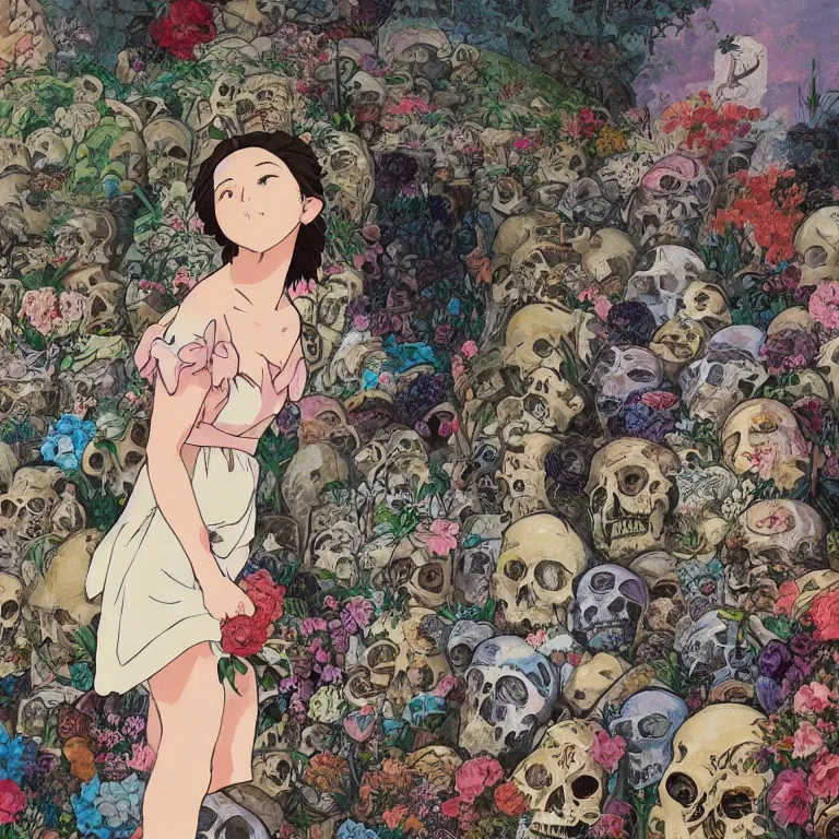 Image similar to young goddess peering from behind an enormous conical pile of skulls with flowers behind her, lush painting in the style of studio ghibli