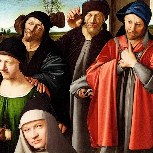 Image similar to people wearing cap hoodies, streetware, in the streets in renaissance painting style