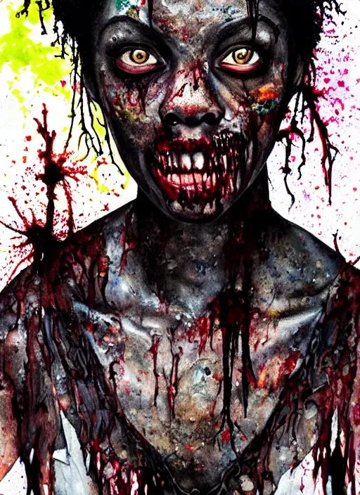 Image similar to african american zombie hollywood artwork professional acting headshot, hyperrealism, intricate detail, studio lighting, charming expression gesicht, hauntingly beautiful zombie, watercolor art, epic, legendary, drawn and painted, colored layers, dulled contrast, exquisite fine art, splatterpaint