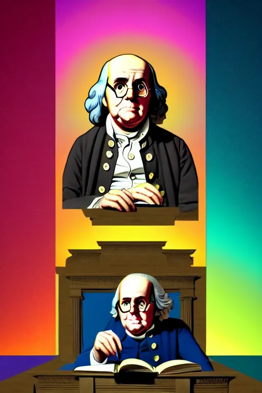 Prompt: graphic novel page layout ( ( ( ( ( ben franklin sitting in his library. bold colors. ) ) ) ) ) by beeple!!!!!!!!!!!!!!!!!!!!!!!!!!!!!!