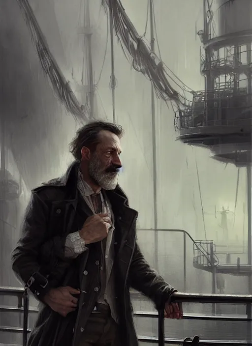 Prompt: portrait of a rugged man wearing a trenchcoat standing on the deck of a ship, victorian, concept art, detailed face, fantasy, highly detailed, cinematic lighting, digital art painting by greg rutkowski