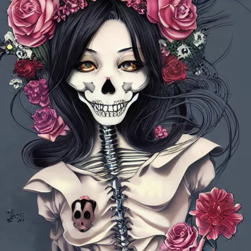 Image similar to anime manga skull portrait young woman skeleton, minnie mouse, intricate, elegant, highly detailed, digital art, art by JC Leyendecker and sachin teng