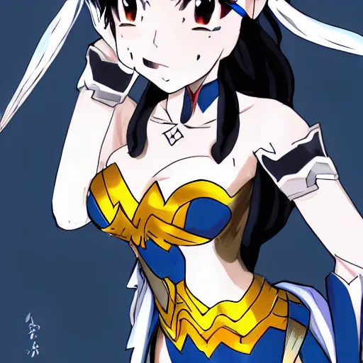 Image similar to Detailed anime art of Rem from Rezero dressed as Wonder Woman; trending on pixiv