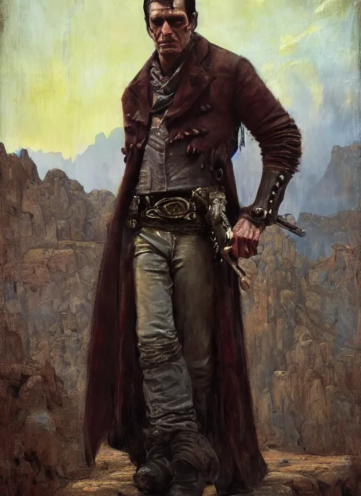 Image similar to frankenstein. Old west bounty hunter (rdr2). Iranian orientalist portrait by john william waterhouse and Edwin Longsden Long and Theodore Ralli and Nasreddine Dinet, oil on canvas. Cinematic, hyper realism, realistic proportions, dramatic lighting, high detail 4k