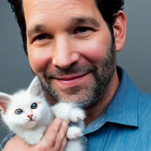 Prompt: paul rudd holding a baby kitten, ( sony a 7 r iv, symmetric balance, polarizing filter, photolab, lightroom, 4 k, dolby vision, photography awardm, voque, perfect face )