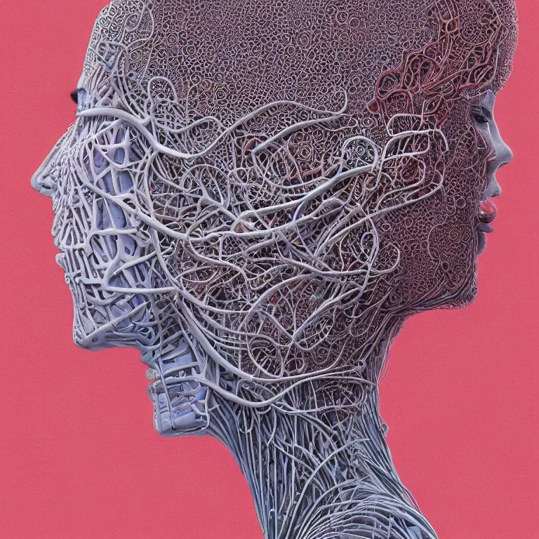 Prompt: portrait of beautiful!! horizontally symmetrical!! ceramic woman's head with coral!! reef hair. mechanical skeleton, biomechanical android. soft light. by victo ngai, inspired by mary jane ansell and beksinski and dan mumford, smooth face feature, horizontal symmetry!!!, intricate, studio photography, high detail