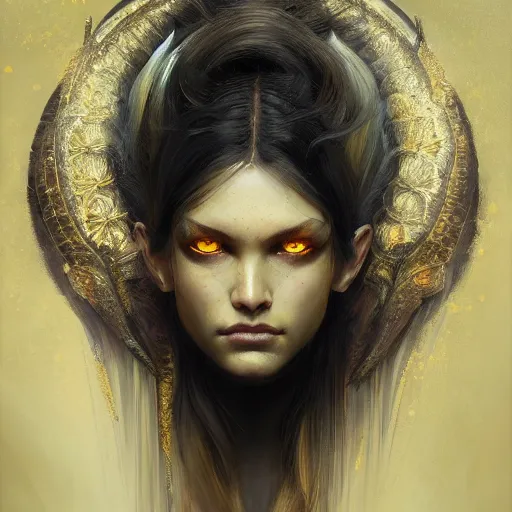 Prompt: portrait of fire goddess, yellow eyes, fantasy, intricate, elegant, highly detailed, digital painting, artstation, concept art, matte, sharp focus, illustration, art by aenaluck and roberto ferri and greg rutkowski, epic fantasy, digital painting