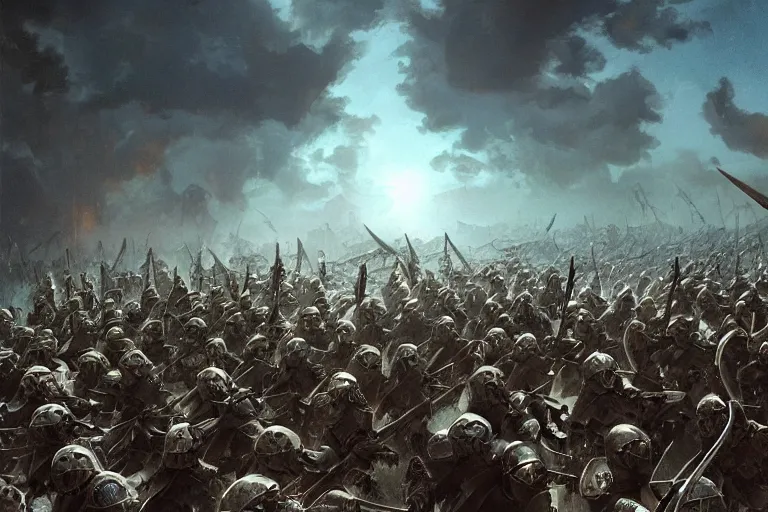 Prompt: “ in the foreground an army of spartan soldiers in a phalanx formation brace for contact with an army of barbarian warriors on horseback rapidly approaching, overhead angle composition, cinematic, epic artwork, intricate detail, greg rutkowski, syd mead, frank frazetta, louis dupre, 8 k, hdr, depth of field ”