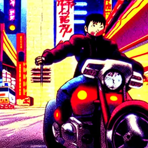 Image similar to kaneda on his motorcycle in neo tokyo looking for akira, night, neon lights, speed, art by katsuhiro otomo, ultra detailed, 8 k