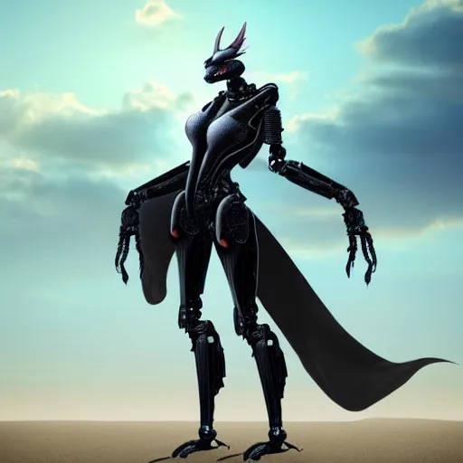 Prompt: full body pose, realistic detailed stunning beautiful anthropomorphic robot female dragoness, doing an elegant pose with hand on hip, looking to the side, sleek streamlined armor and design, sharp claws, sleek head, long tail, standing on two legs, wearing a fabric cloak that blows in the wind from behind, on the beach during sunset, high quality, cinematic art, sunset lighting, artstation, deviantart, furaffinity