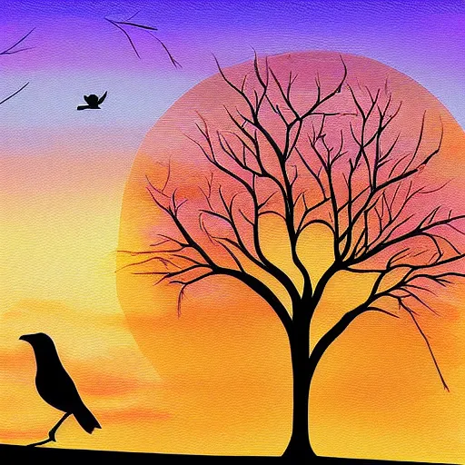 Image similar to birds on cherry tree, serene, graceful, sunset at golden hour, digital painting, Dada