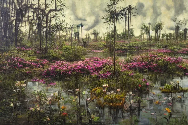 Image similar to hyperrealism oil painting, scene from louisiana swamps, spaceship sank, spring blooming flowers garden, true detective, 8 0 s japanese sci - fi books art