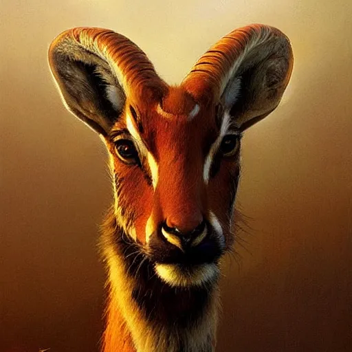 Image similar to a dramatic head portrait of a antelope in!!! tiger!!! skin, cinematic lighting, symmetric face by karol bak, christopher balaskas