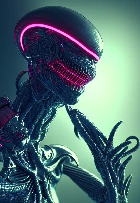 Image similar to ultra realist intricate detailed painting of a single attractive alien male, neon scales and cyborg tech, hyperrealistic, soft lighting, octane render