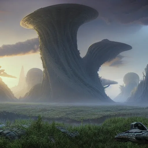 Image similar to a beautiful matte painting of an alien landscape of lush and mystical flora, remnants of a crashed spaceship, alien creatures emerging, sunrise, by Giger and Ralph McQuarrie and Bruce Pennington, cinematic lighting, ambient light, hyperrealism, hires, octane render, 8k, iridescent accents, vray