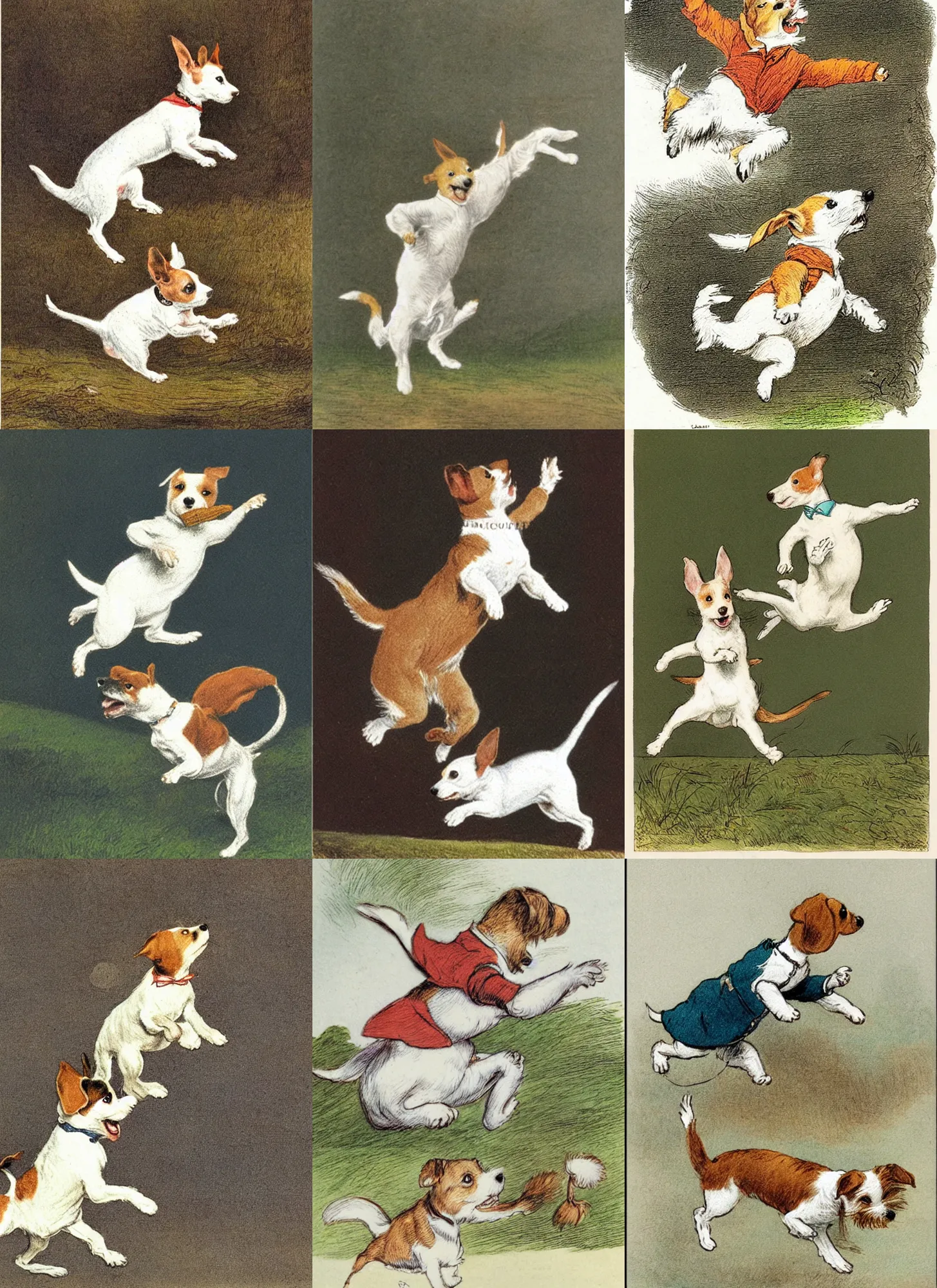 Prompt: jack russel terrier jumping, illustrated by peggy fortnum and beatrix potter and sir john tenniel