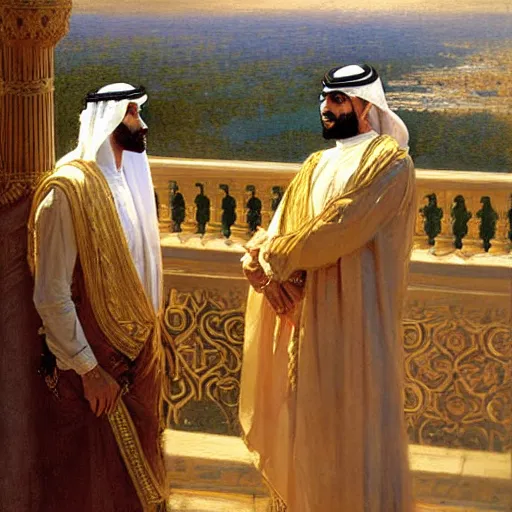 Image similar to attractive arab king confesses his love for his attractive male prince, in balcony of palace, above a river,. highly detailed painting by gaston bussiere, craig mullins, j. c. leyendecker
