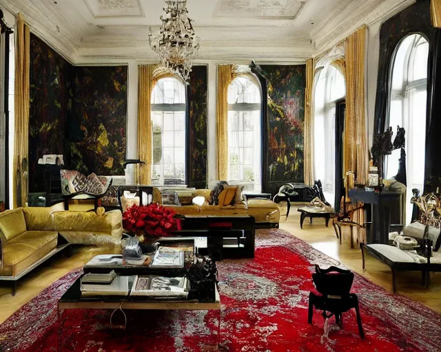 Prompt: Jackson Pollock themed interior design in a fancy mansion