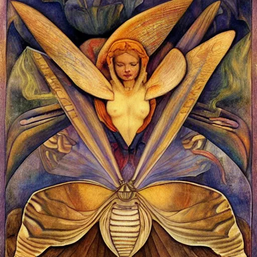 Prompt: moths attending their queen, by Annie Swynnerton and Diego Rivera and Evelyn De Morgan, symbolist, dramatic lighting, elaborate geometric ornament, Art Brut, god rays, soft cool colors,smooth, sharp focus, extremely detailed, Adolf Wölfli