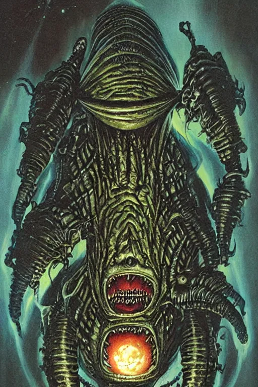 Prompt: alien monster by wayne barlow, basil gogos, ryan pancoast, greg staples, norman rockwell