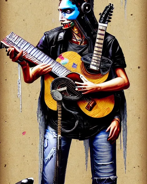 Image similar to a portrait of an anthropomorphic cyberpunk eagle strumming an acoustic guitar by sandra chevrier, by jon foster, detailed render, tape deck, epic composition, cybernetics, 4 k realistic, cryengine, realistic shaded lighting, sharp focus, masterpiece, by enki bilal