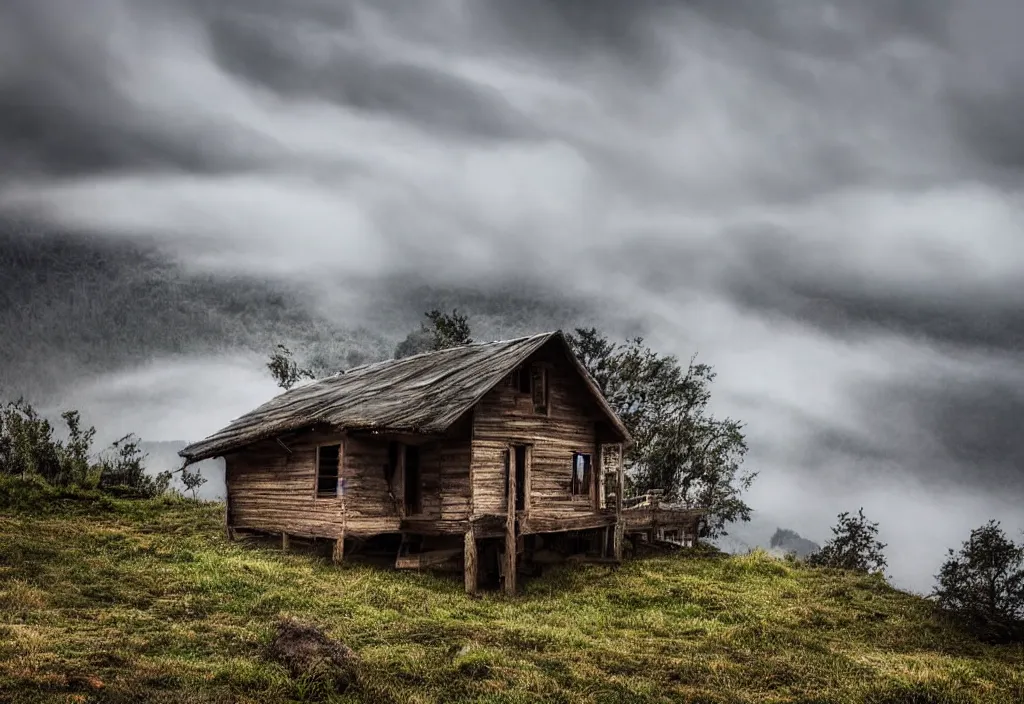 Prompt: an old wooden house on top of a mountain. stormy weather. with a light fog. with a view of the horizon. dark cloudy sky. light rain. real photo. photo. award winning photography. photorealistic.