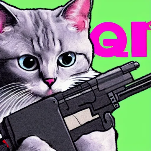 Prompt: cute grey cat holding gun, comic style, video game, pink background, no letters