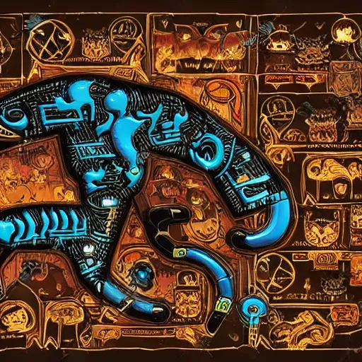 Image similar to old school video game graphics, ancient cyberpunk hieroglyphics heavy metal music and cats, lions, tigers, futuristic, science fiction, heavy metal