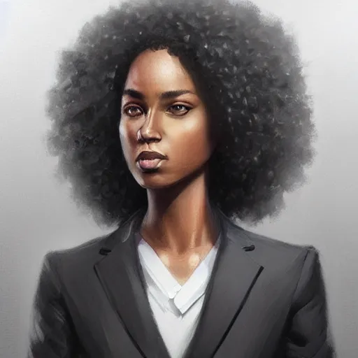 Prompt: confident black female lawyer with natural hair, courtroom shot, portrait, highly detailed, digital painting, trending on artstation, concept art, sharp focus, illustration, art by artgerm and greg rutkowski and magali villeneuve