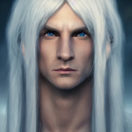 Prompt: a highly detailed portrait male elf, with white long hair, white clothes, bright blue eyes, artstation, DeviantArt, professional, octane render