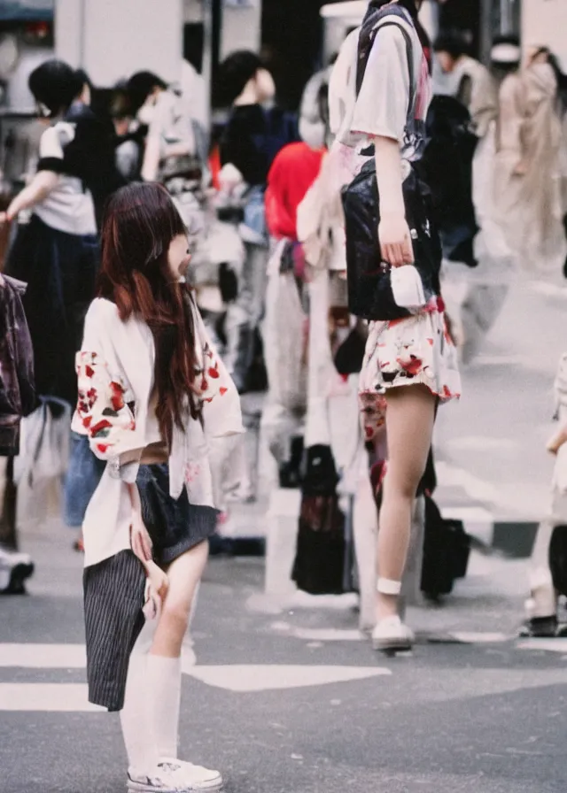 Image similar to a street fashion photograph of a singular young japanese woman in 9 0 s fashion, in tokyo akihabara, shot on cinestill 5 0 d with a canon 3 5 mm at f / 5. 6 lens, print magazine, photorealistic, nineties nostalgia, 4 k, no!!! two heads