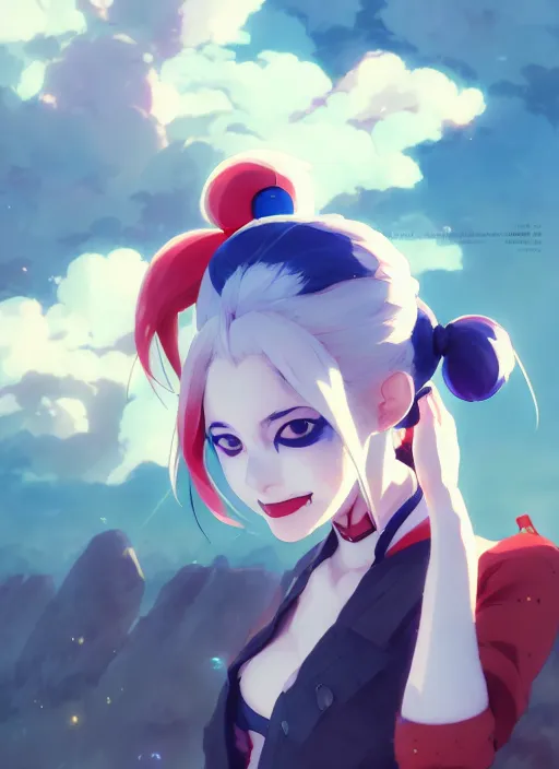 Prompt: portrait of cute anime harley quinn, cloudy sky background lush landscape illustration concept art anime key visual trending pixiv fanbox by wlop and greg rutkowski and makoto shinkai and studio ghibli