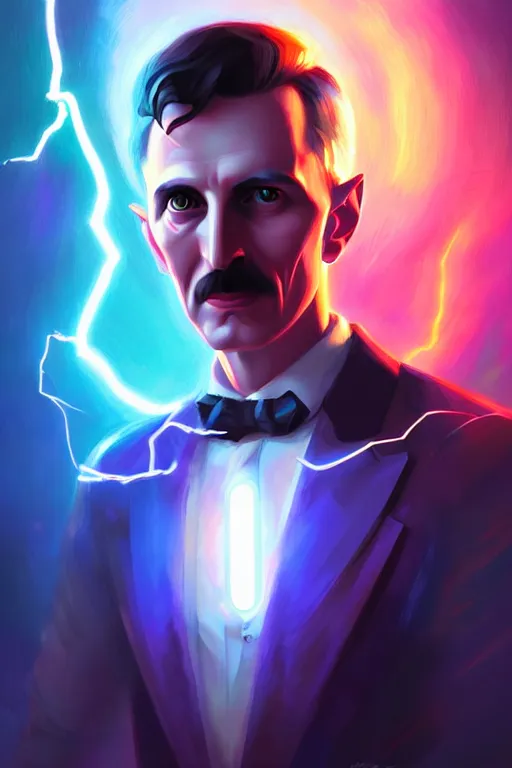 Prompt: nikola tesla, lightning, portrait, sharp focus, digital art, concept art, dynamic lighting, epic composition, colorful, trending on artstation, by emylie boivin 2. 0, rossdraws 2. 0