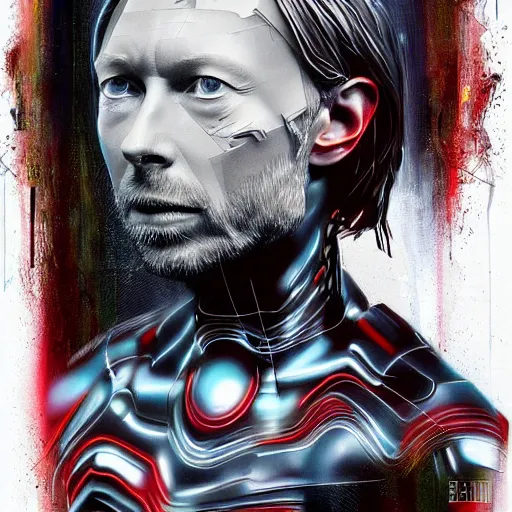 Image similar to collages, hyper realistic, many variations of very old thom yorke, face variations, statue of ultron by jama jurabaev, very long shot, cybernetic, high quality, brush stroke