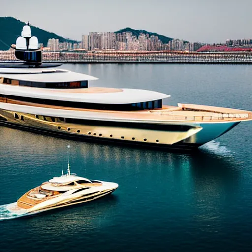 Image similar to old man polishing a gold plated mega yacht, docked at harbor, clear and focused, elegant, photograph