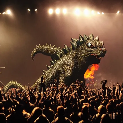 Image similar to army of godzilla on stage, smoking weed