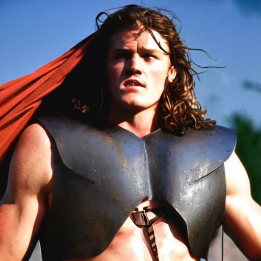 Prompt: photo of Tim Dillon as Achilles in the movie Troy cinestill, 800t, 35mm, full-HD