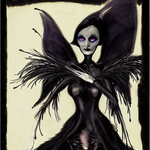 Image similar to goth woman as mysterious supervillain and and black veil and modestly clothed victorian goth, black feathers instead of hair, black wings instead of arms, gray mottled skin, black feathers growing out of skin, transforming, by tim burton and brian froud, german expressionist, paintbrush, rough paper, fine,