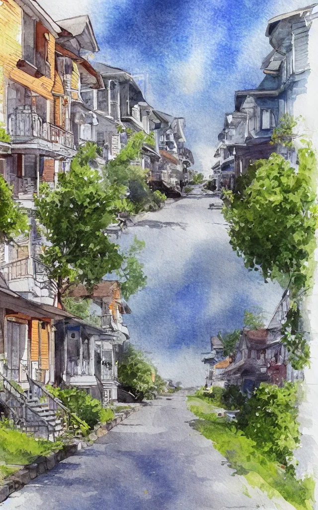 Image similar to street lined with old residential houses summer watercolor by arti chauhan trending on artstation